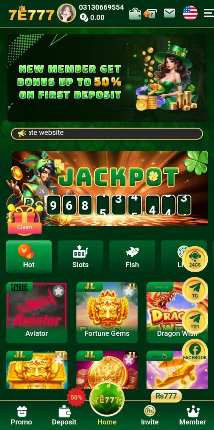 7e777 app home screen with game categories and jackpot banner