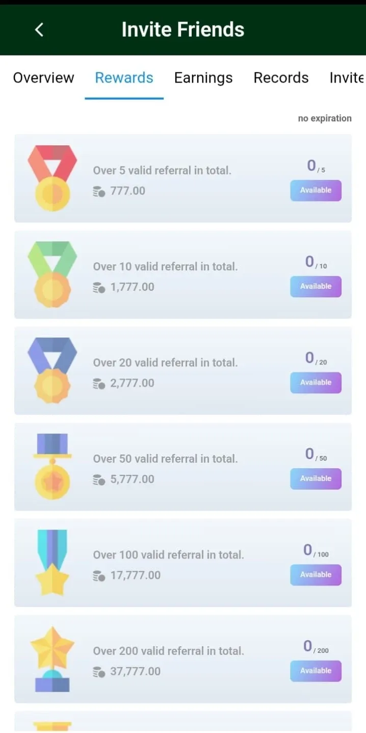 7e777 invite friends rewards screen
